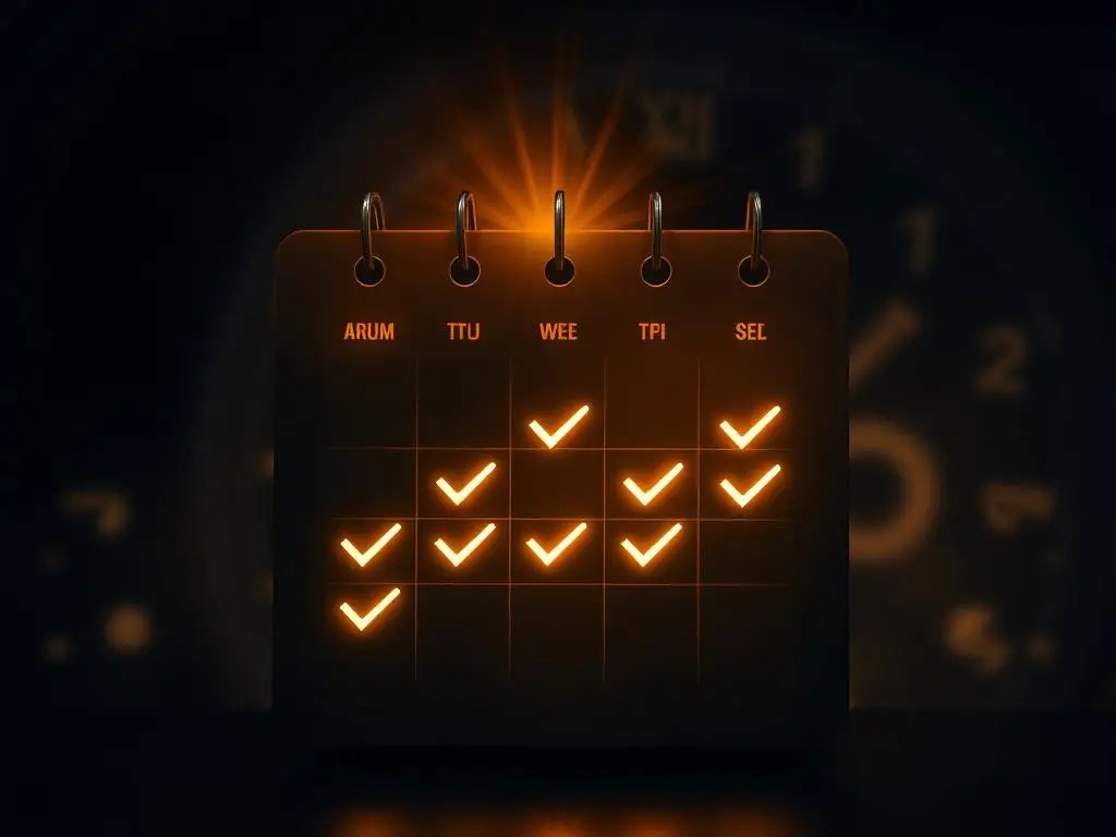 A glowing calendar with checkmarks on completed days, symbolizing progress and overcoming challenges through consistent effort