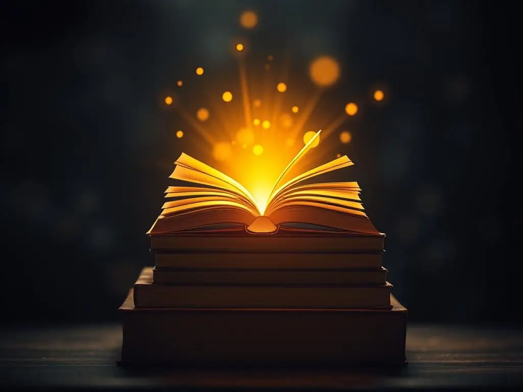 A glowing stack of books with golden light radiating from the pages, symbolizing the power of consistent effort in achieving success