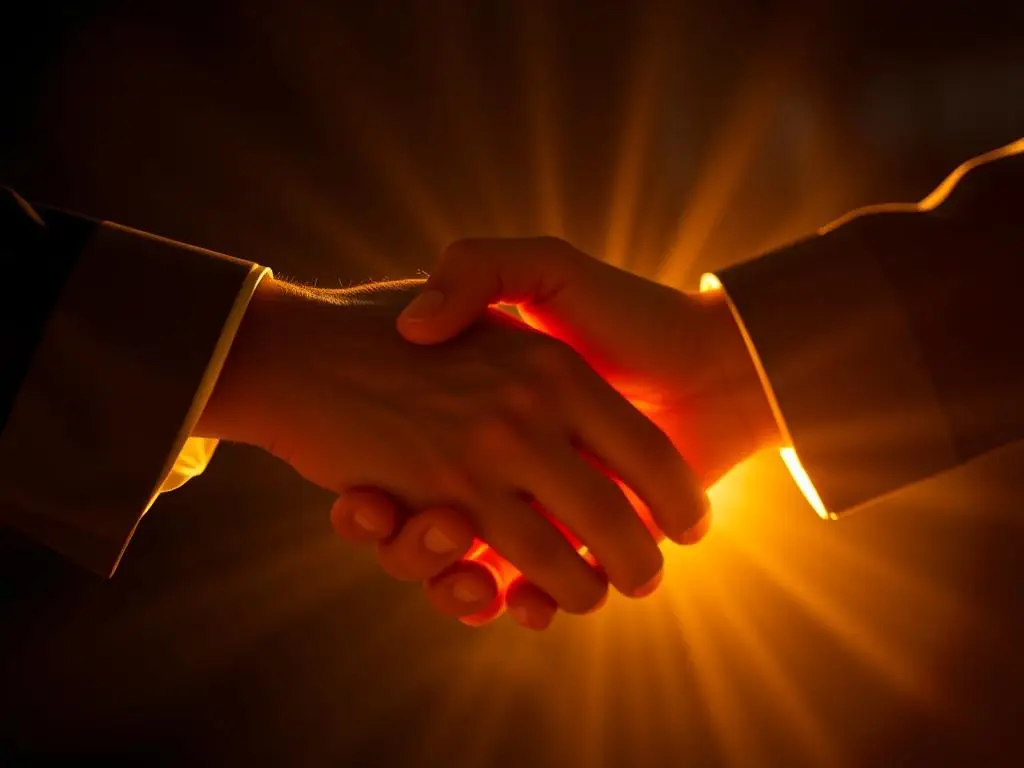 A glowing handshake symbolizing trust and reliability, with golden light radiating from the connection, representing the power of consistency in relationships